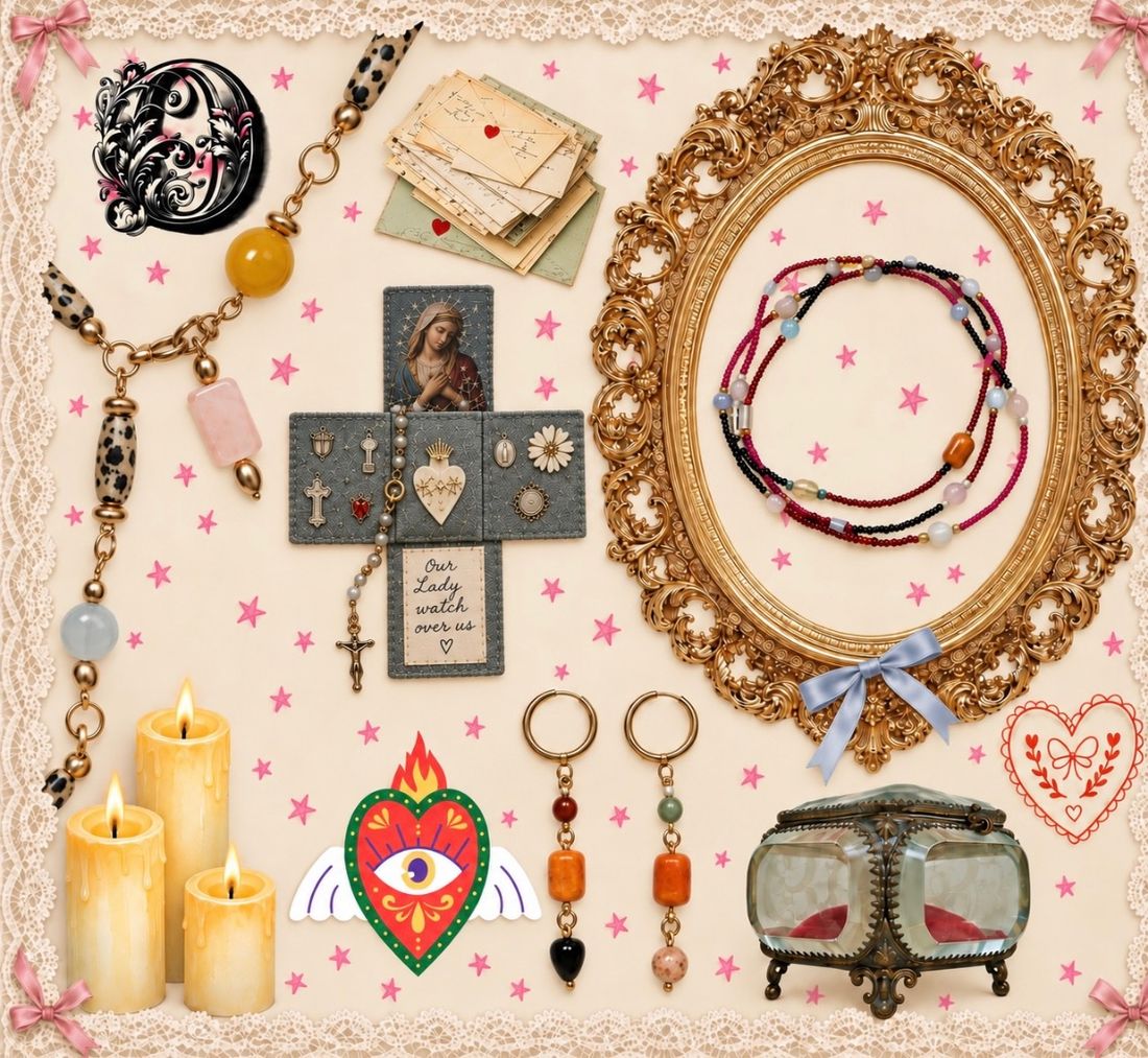 Mood board of Oh, Oggie! pieces with candles, a sacred heart and a gilded frame
